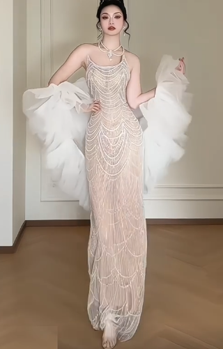 Halter Beaded Mermaid Evening Gown With Detachable Tulle Puff Sleeves fg8768