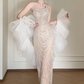 Halter Beaded Mermaid Evening Gown With Detachable Tulle Puff Sleeves fg8768