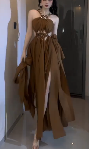 Halter Cutout Chiffon A-Line Evening Dress With Beaded Neckline fg8769