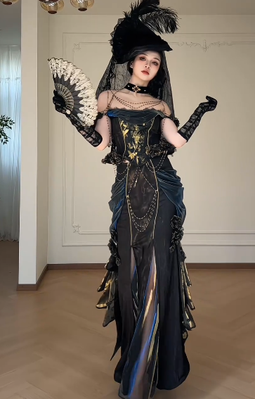 Gothic Off Shoulder Corset Mermaid Evening Gown With Gold Print & Chain Decor fg8770