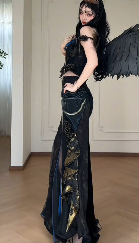Gothic Off Shoulder Corset Mermaid Evening Gown With Gold Print & Chain Decor fg8770