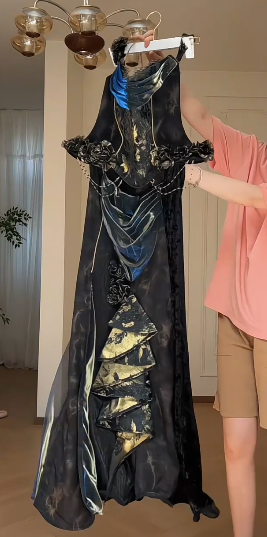 Gothic Off Shoulder Corset Mermaid Evening Gown With Gold Print & Chain Decor fg8770