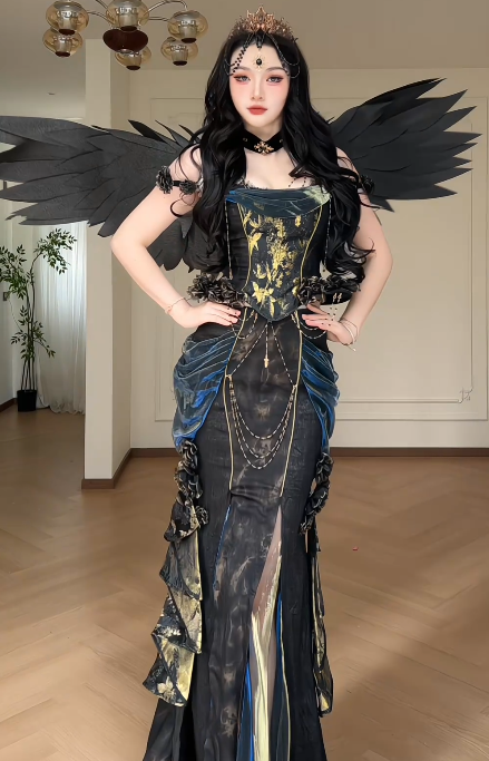 Gothic Off Shoulder Corset Mermaid Evening Gown With Gold Print & Chain Decor fg8770
