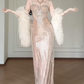 Spaghetti Strap Sweetheart Cutout Rhinestone Beaded Mermaid Evening Gown With Detachable Feather Sleeves  fg8771