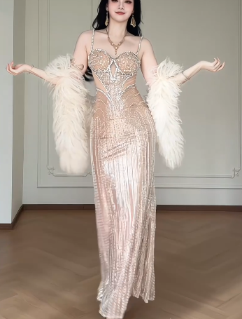 Spaghetti Strap Sweetheart Cutout Rhinestone Beaded Mermaid Evening Gown With Detachable Feather Sleeves  fg8771