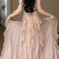 Spaghetti Strap Cowl Neck Satin Corset Ruffled High Slit Evening Maxi Dress With Detachable Feather Sleeves  fg8772