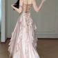 Spaghetti Strap Cowl Neck Satin Corset Ruffled High Slit Evening Maxi Dress With Detachable Feather Sleeves  fg8772