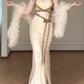 Halter V Neck Lace Satin Mermaid Evening Gown With Gold Glitter Strap & Detachable Feather Shawl  fg8773