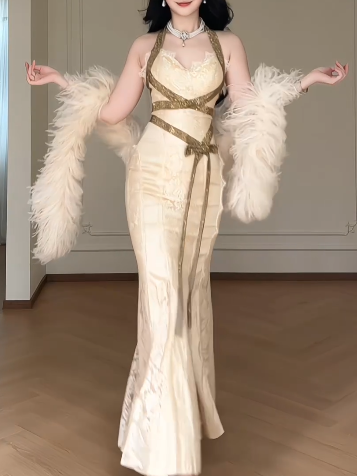 Halter V Neck Lace Satin Mermaid Evening Gown With Gold Glitter Strap & Detachable Feather Shawl  fg8773