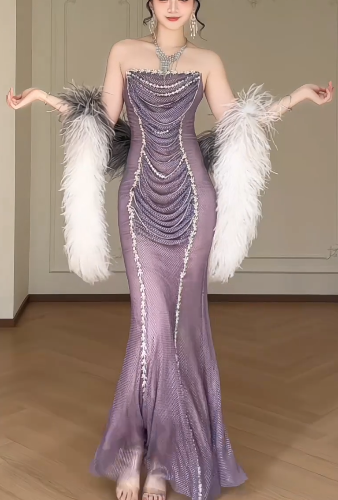 Strapless Draped Rhinestone Mesh Mermaid Evening Gown With Detachable Gradient Feather Sleeves fg8774