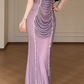 Strapless Draped Rhinestone Mesh Mermaid Evening Gown With Detachable Gradient Feather Sleeves fg8774