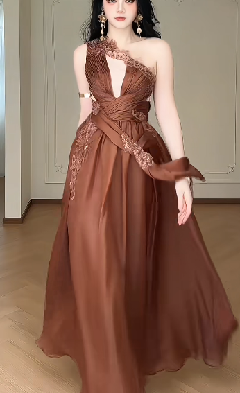 Brown One Shoulder  Deep V  Lace Evening Gown  fg8776