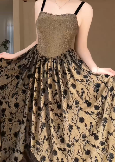 Vintage Floral Spaghetti Straps Evening Dress, Square Neck Flocked Rose Print A-Line Maxi Formal Gown  fg8777