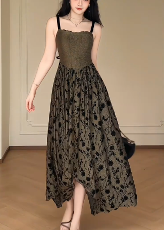 Vintage Floral Spaghetti Straps Evening Dress, Square Neck Flocked Rose Print A-Line Maxi Formal Gown  fg8777
