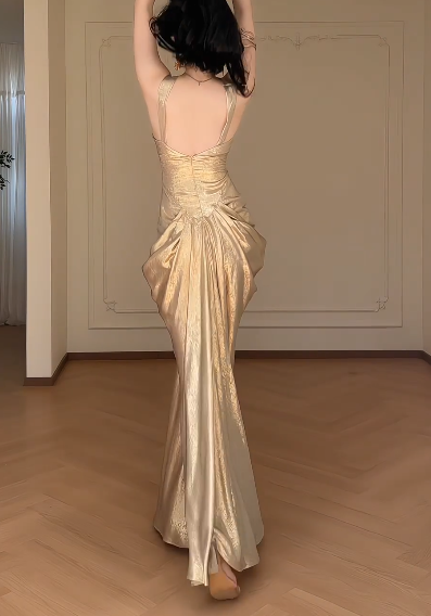 Champagne V Neck Mermaid Evening Gown, Sleeveless Bow Front Draped Metallic Satin Formal Dress  fg8777
