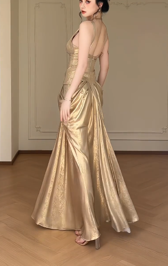 Champagne V Neck Mermaid Evening Gown, Sleeveless Bow Front Draped Metallic Satin Formal Dress  fg8777