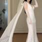 White Deep V Mermaid Wedding Dress, Sleeveless Asymmetrical Strap Beaded Sequin Bridal Gown  fg8778