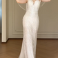 White Deep V Mermaid Wedding Dress, Sleeveless Asymmetrical Strap Beaded Sequin Bridal Gown  fg8778