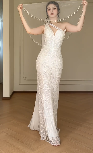 White Deep V Mermaid Wedding Dress, Sleeveless Asymmetrical Strap Beaded Sequin Bridal Gown  fg8778