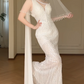 White Deep V Mermaid Wedding Dress, Sleeveless Asymmetrical Strap Beaded Sequin Bridal Gown  fg8778