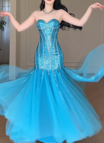 Strapless Sweetheart Sequin Mermaid Evening Gown, Sparkly Tulle Formal Prom Dress  fg8780