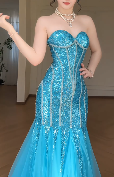 Strapless Sweetheart Sequin Mermaid Evening Gown, Sparkly Tulle Formal Prom Dress  fg8780
