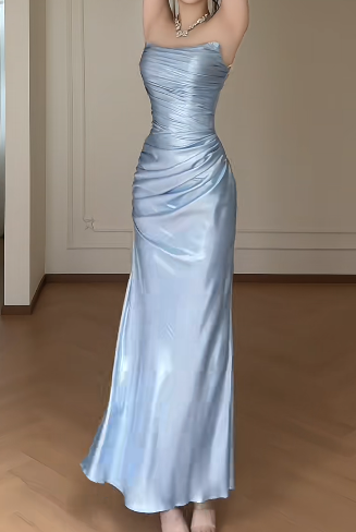 Strapless Light Blue Satin Mermaid Evening Gown, Ruched Bodycon Formal Maxi Dress  fg8781