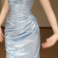 Strapless Light Blue Satin Mermaid Evening Gown, Ruched Bodycon Formal Maxi Dress  fg8781