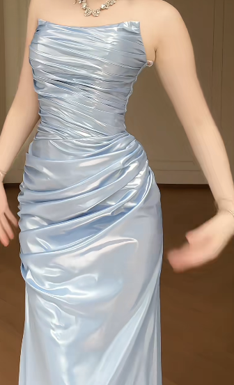 Strapless Light Blue Satin Mermaid Evening Gown, Ruched Bodycon Formal Maxi Dress  fg8781