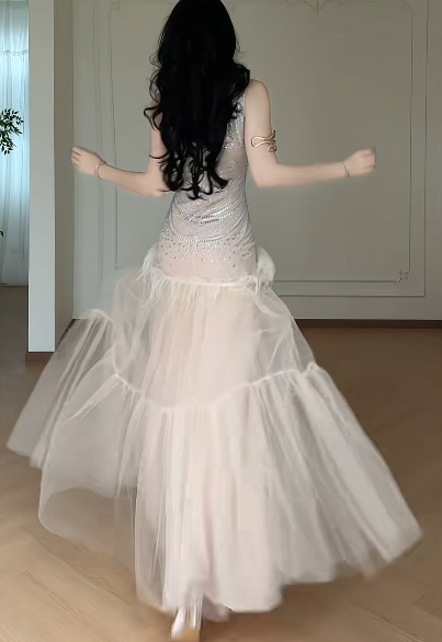 Sleeveless Beaded Tulle Mermaid Evening Gown, Feather Trim Tiered Formal Dress  fg8782