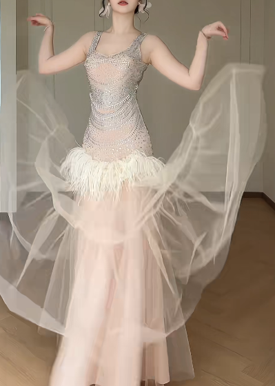 Sleeveless Beaded Tulle Mermaid Evening Gown, Feather Trim Tiered Formal Dress  fg8782