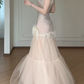Sleeveless Beaded Tulle Mermaid Evening Gown, Feather Trim Tiered Formal Dress  fg8782