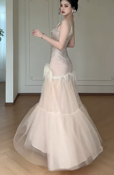 Sleeveless Beaded Tulle Mermaid Evening Gown, Feather Trim Tiered Formal Dress  fg8782
