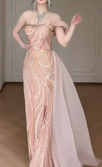 Off Shoulder Rose Gold Sequin Mermaid Evening Gown, High Slit Chiffon Train Formal Dress fg8783