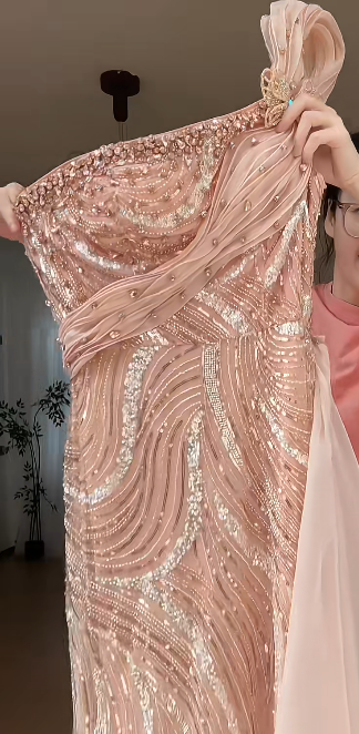 Off Shoulder Rose Gold Sequin Mermaid Evening Gown, High Slit Chiffon Train Formal Dress fg8783
