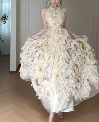 Halter Champagne 3D Ruffled Ball Gown, Open Back Bow Formal Evening Dress  fg8784