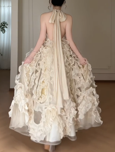 Halter Champagne 3D Ruffled Ball Gown, Open Back Bow Formal Evening Dress  fg8784