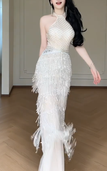 Halter Beaded Fringe Mermaid Evening Gown, Sleeveless Sparkly Tiered Tassel Formal Dress  fg8785