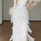 Halter Beaded Fringe Mermaid Evening Gown, Sleeveless Sparkly Tiered Tassel Formal Dress  fg8785
