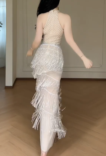 Halter Beaded Fringe Mermaid Evening Gown, Sleeveless Sparkly Tiered Tassel Formal Dress  fg8785