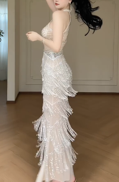 Halter Beaded Fringe Mermaid Evening Gown, Sleeveless Sparkly Tiered Tassel Formal Dress  fg8785