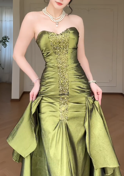 Vintage Olive Spaghetti Strap Evening Gown, Lace Applique Corset A-Line Formal Dress  fg8779