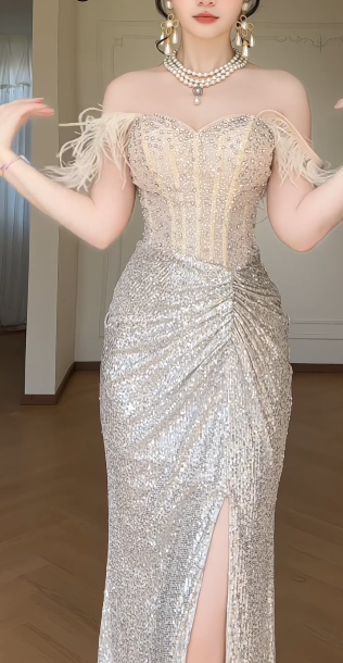 Off Shoulder Feather Sequin Mermaid Evening Gown  fg8786
