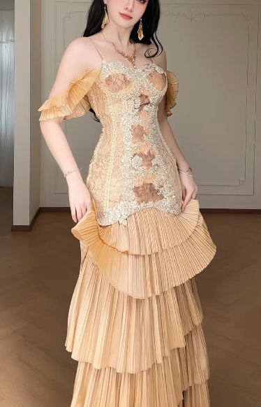 Spaghetti Strap Off Shoulder Ruffle Tiered Lace Evening Gown  fg8787