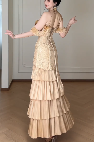 Spaghetti Strap Off Shoulder Ruffle Tiered Lace Evening Gown  fg8787