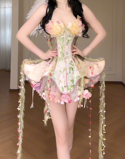 Romantic Floral Strapless Corset Tulle Fairy Mini Evening Gown fg8793