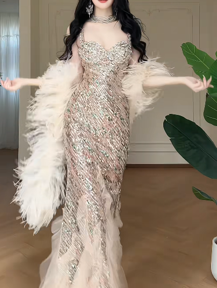 Sweetheart Spaghetti Strap Sequin Mermaid Long Evening Gown fg8796