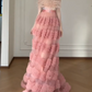 Strapless Feather Tiered Tulle A-Line Long Evening Gown  fg8792
