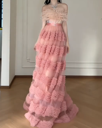 Strapless Feather Tiered Tulle A-Line Long Evening Gown  fg8792