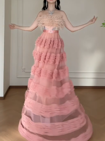 Strapless Feather Tiered Tulle A-Line Long Evening Gown  fg8792